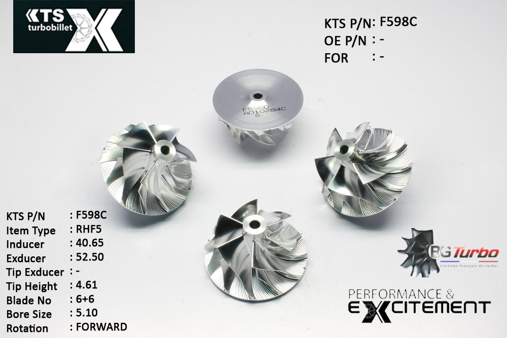 Turbo ROUE FORGÉE MFS PERFORMANCE - 6+6 PALES - INDUCER : 40,65 - EXDUCER : 52,5 - TYPE : RHF5ANGLE : 60° - ROTATION : Forward - SUPER BACK : 1,53 - BORE SIZE : 5,1
